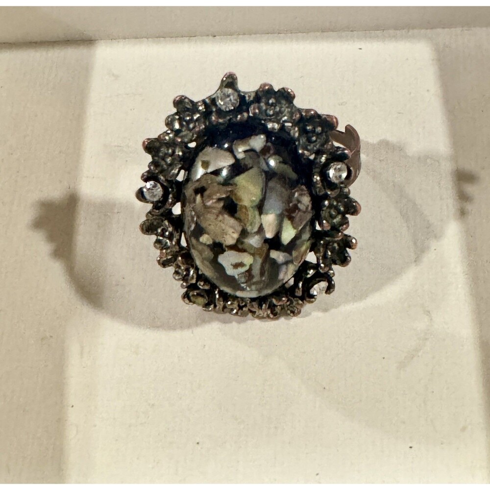 Vintage Abalone Mosaic Shell Statement Ring Rhinestone Floral Adjustable